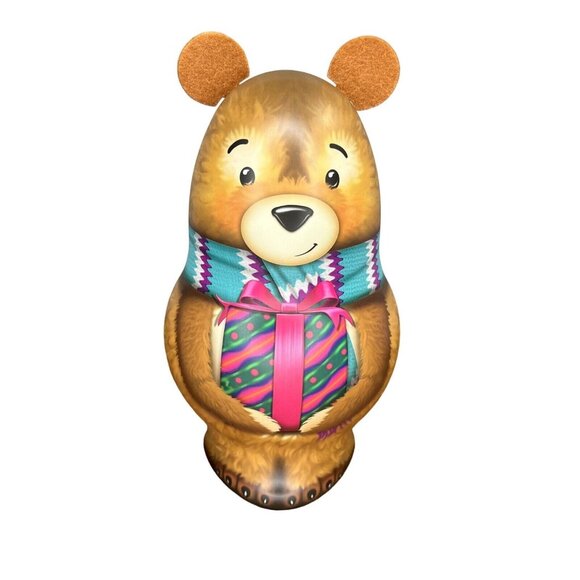 Christmas Teddy Bear Tin 10” Russell Stover Scarf Metal Gift Box Holiday Empty - Picture 1 of 12